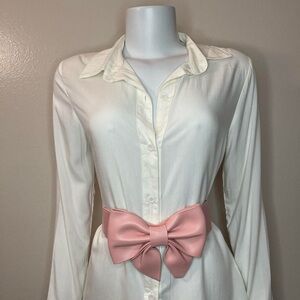 Light pink elastic waistband belt with PU leather bow